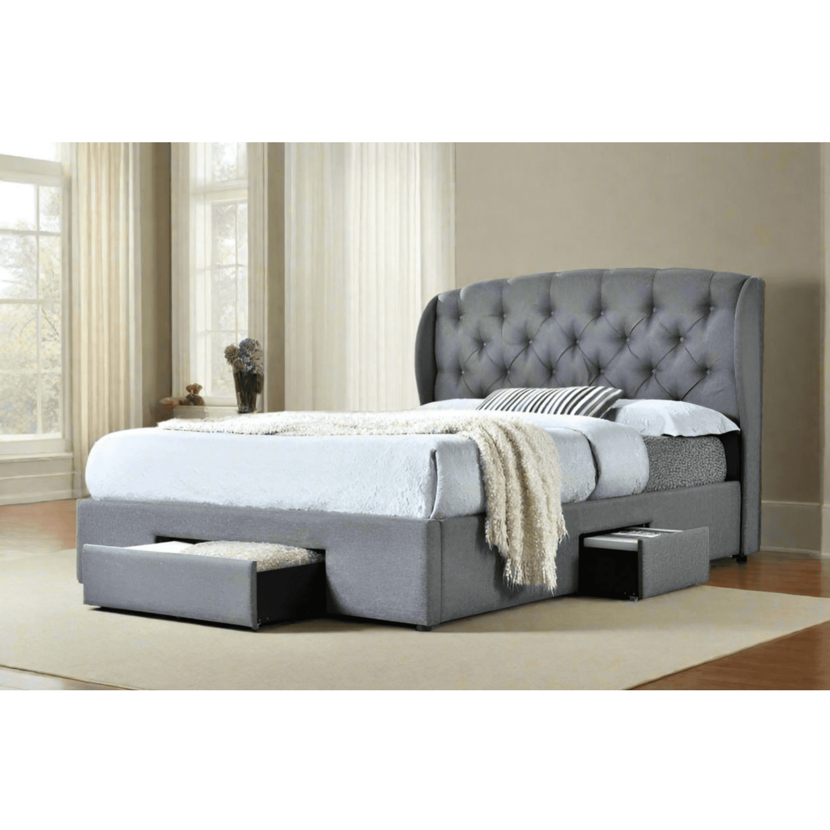 HEQS henry fabri bed in grey with built in 3 draws